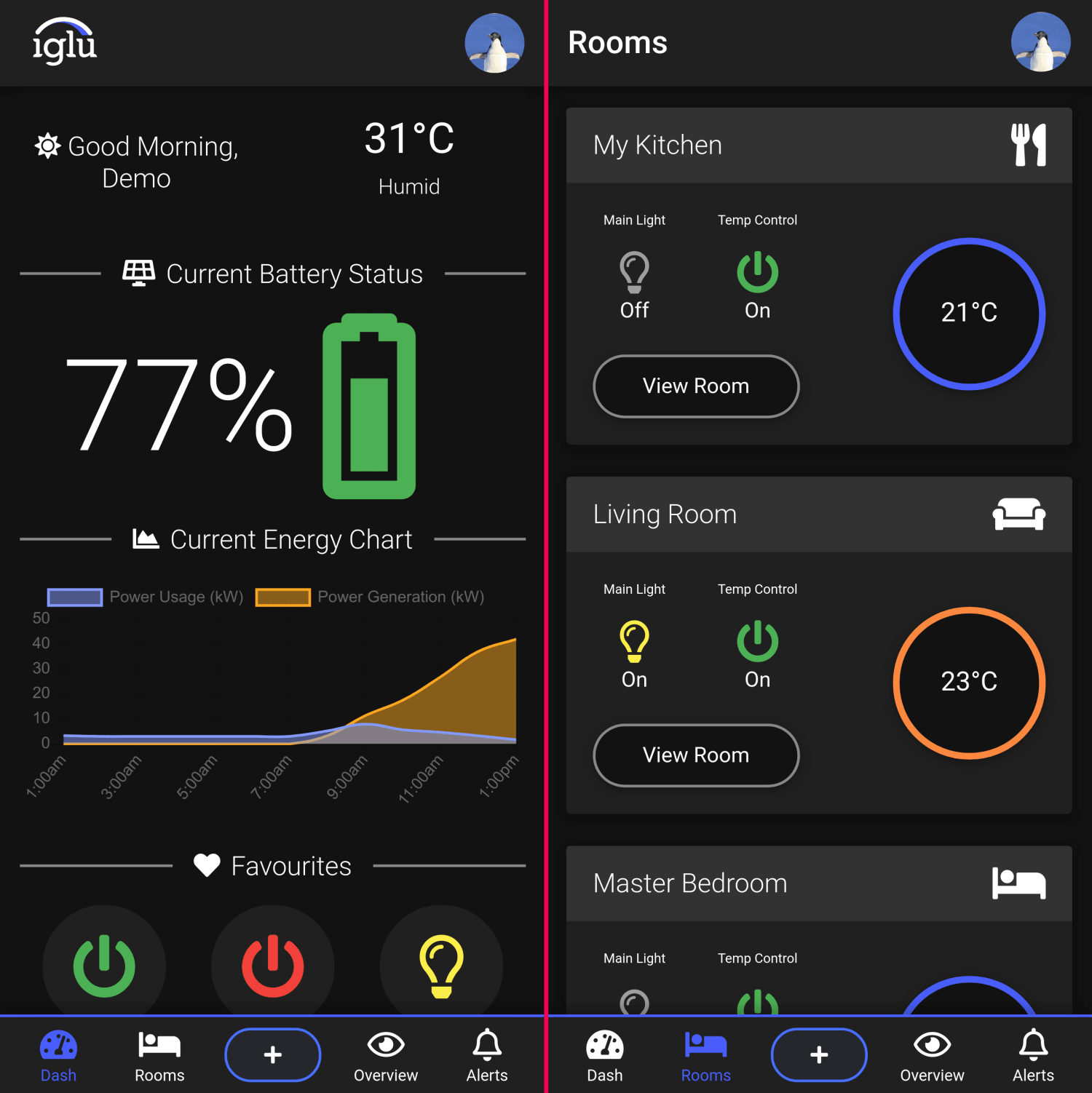 iglü dashboard (left) and rooms (right) on mobile