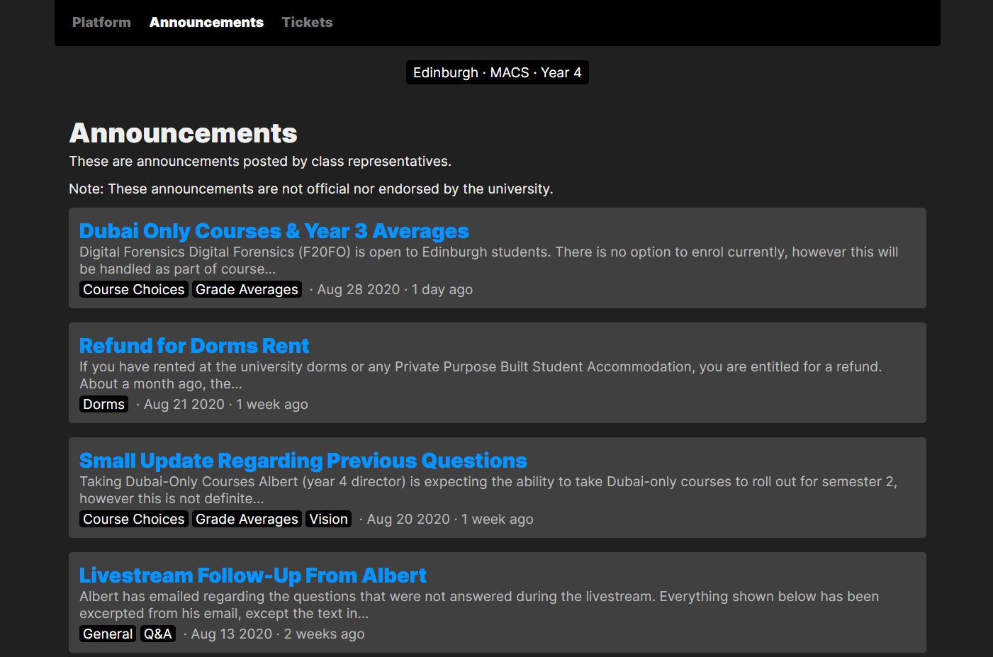 Screenshot of the announcements page on Platform