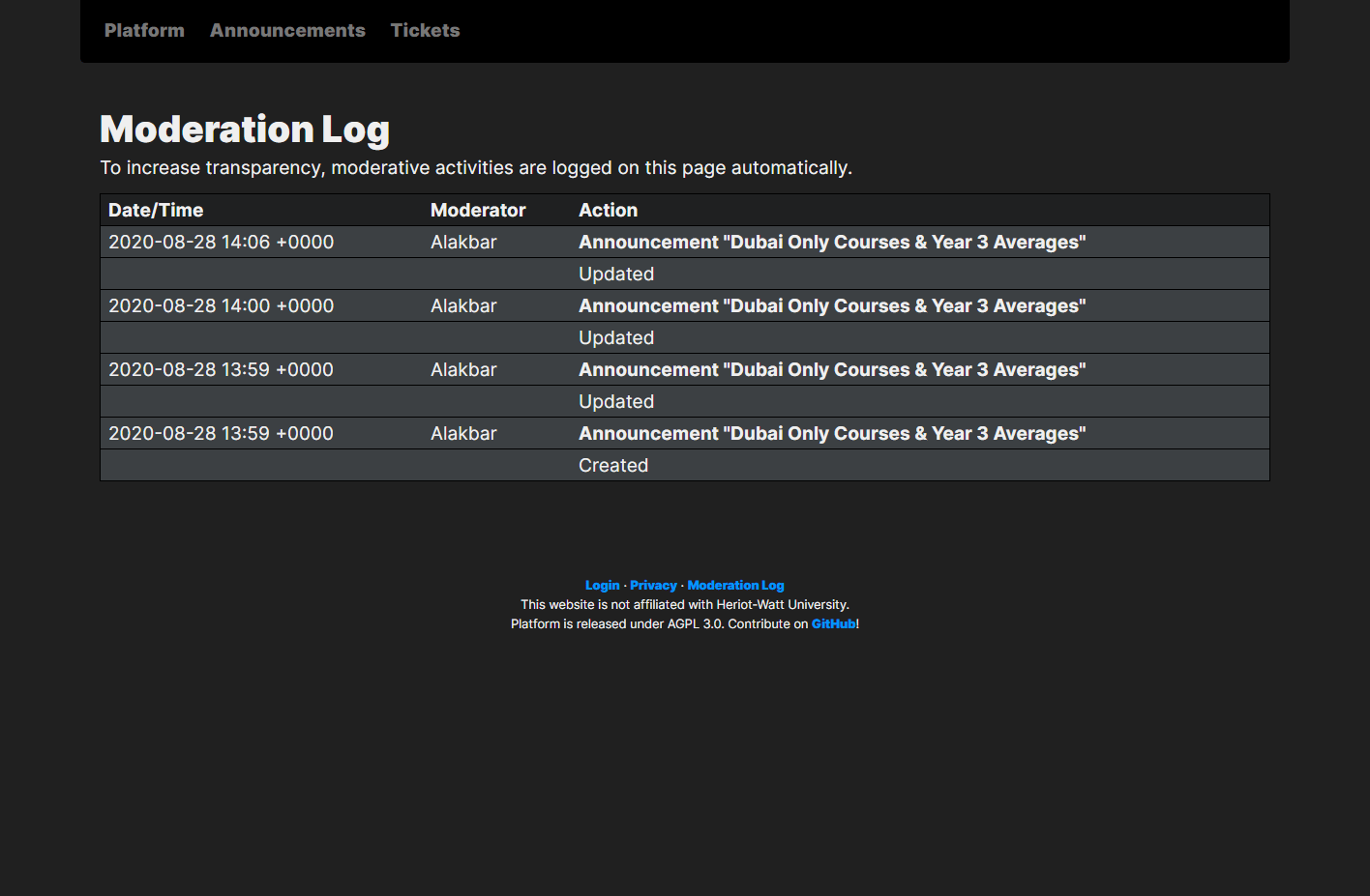 Screenshot of the moderation log on Platform