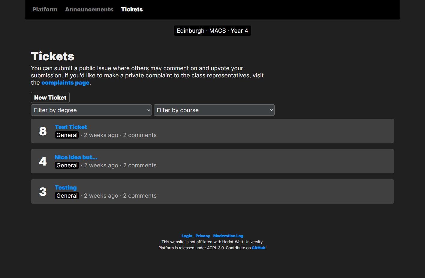 Screenshot of the tickets page on Platform